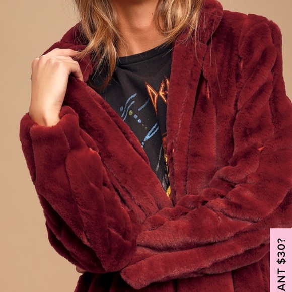 Cozy Queen Wine Red Faux Fur Coat - Picture 2 of 6